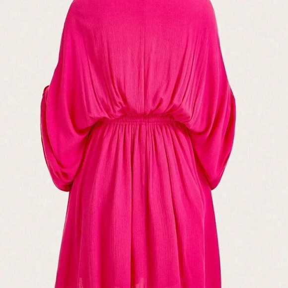 Hot Pink Boho Women's Deep V-Neck Floral Embroidered Batwing Sleeve Dress - Picture 12 of 12